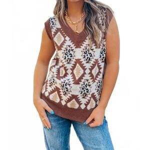 NEW LUCKY & BLESSED aztec leopard knit v-neck sleeveless sweater top in cream